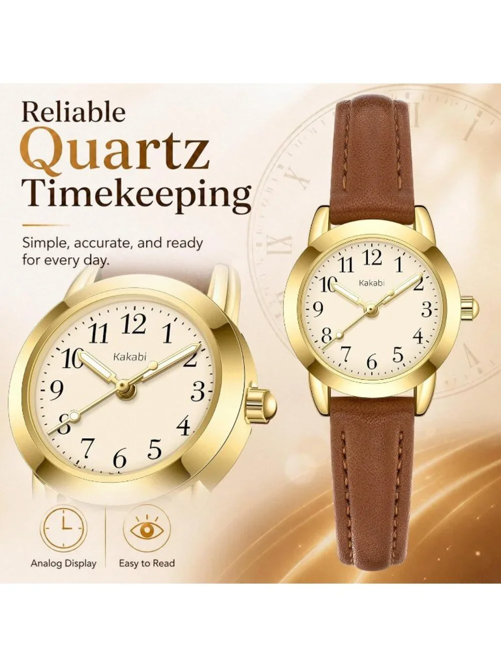 Women's Brown Gold Vintage Analog Slim Leather Strap Quartz Movement Watch